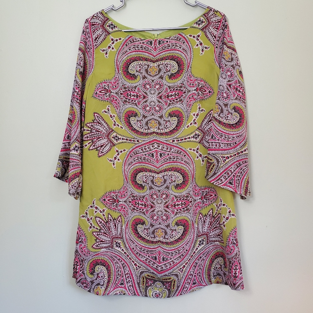 Soft Surroundings 100% Silk Shift Tunic / Dress Women's Sz M Boho Paisley Print